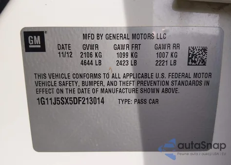 2013 Chevrolet Malibu 2Lz z USA, uszkodzony, nr VIN 1G11J5SX5DF213014